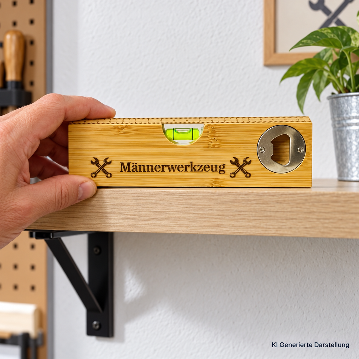 Wasserwaage Holz mit Flaschenöffner, Zentimetermaß, Geschenk für Papa und Heimwerker