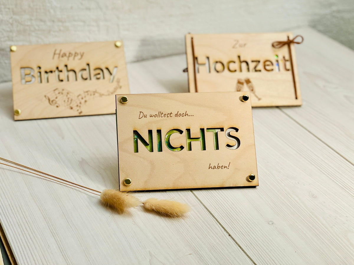 Geldgeschenk Karte Nichts Holz, Lederband oder Nieten, Größe A4 bis A7, DasGlueckswerk, Dekoration, Greeting Cards,