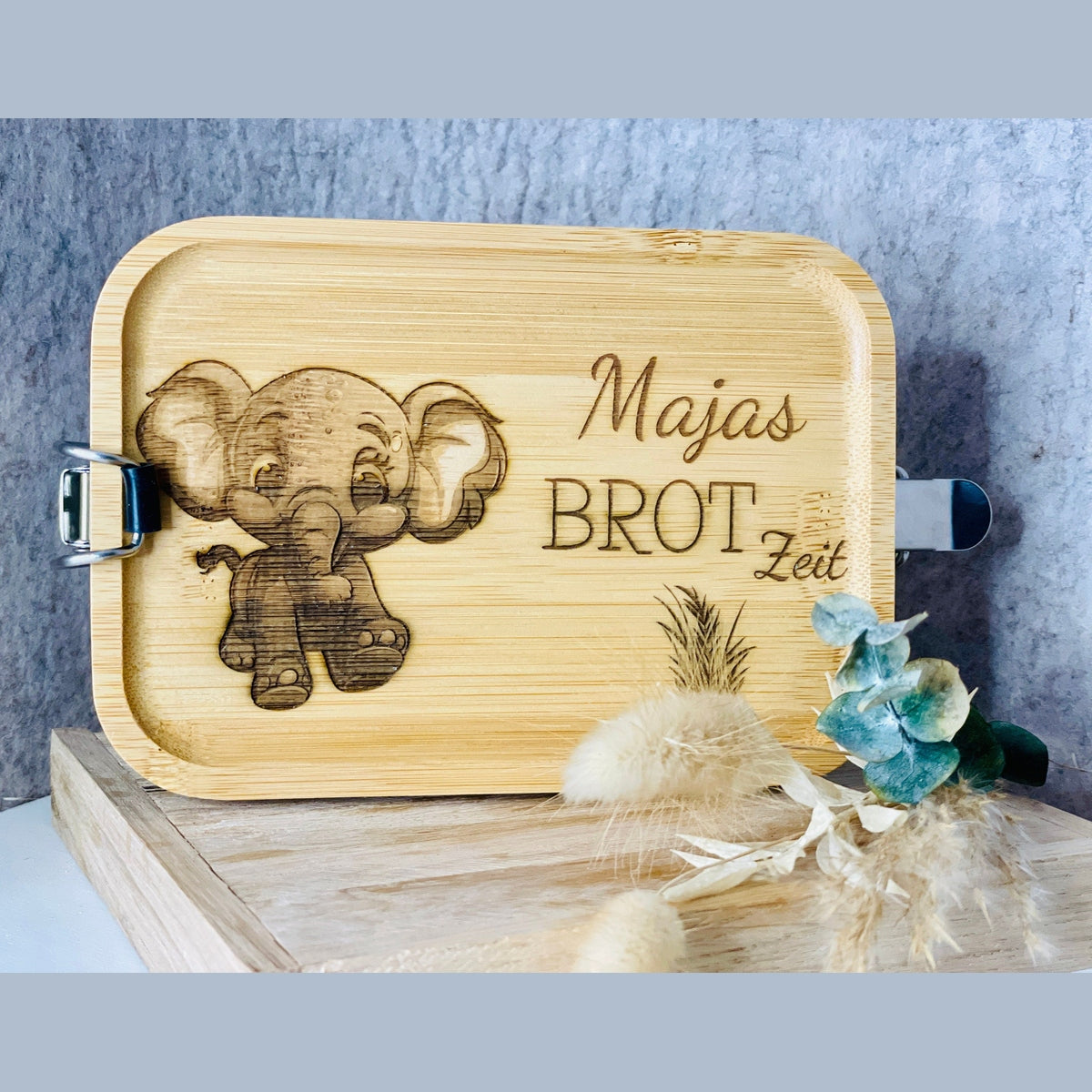 Bento-Box Brotdose mit individueller Gravur und Tiermotiv aus Edelstahl und Bambus Holz 750ml Dose Lunchbox Das Glückswerk
