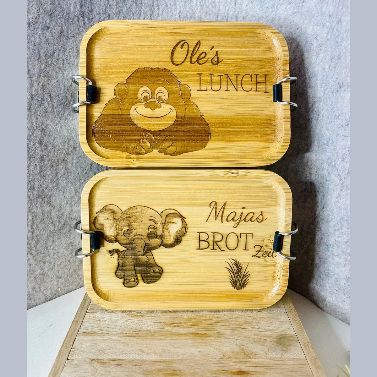 Bento-Box Brotdose mit individueller Gravur und Tiermotiv aus Edelstahl und Bambus Holz 750ml Dose Lunchbox Das Glückswerk