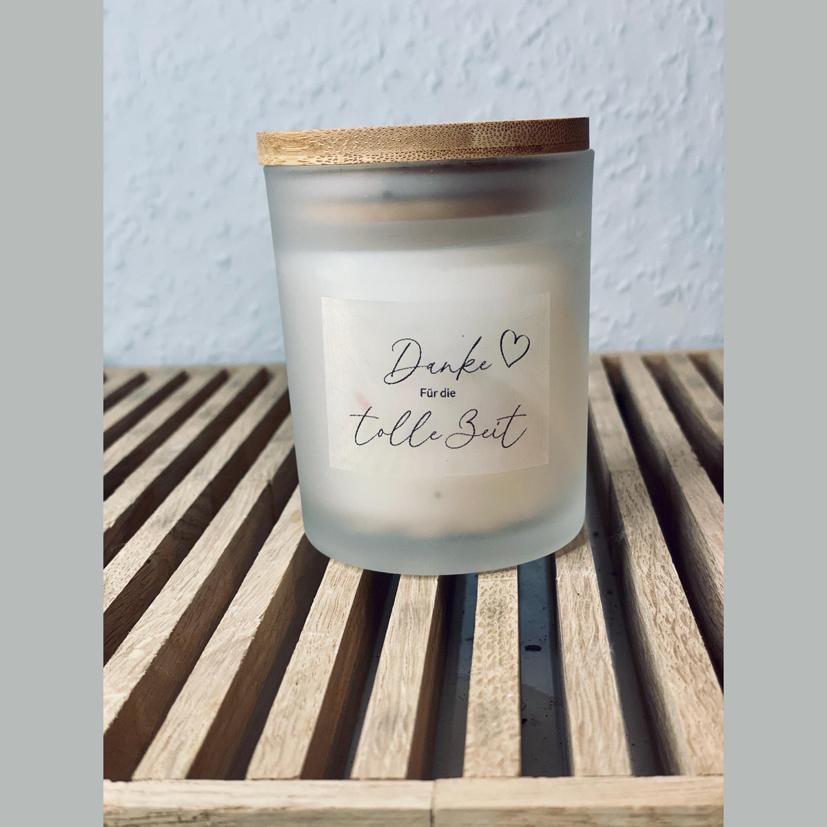 Handgemachte Sojawachs Kerze im Glas mit Holzdeckel und Aufschrift Danke für die tolle Zeit Kerze Das Glückswerk