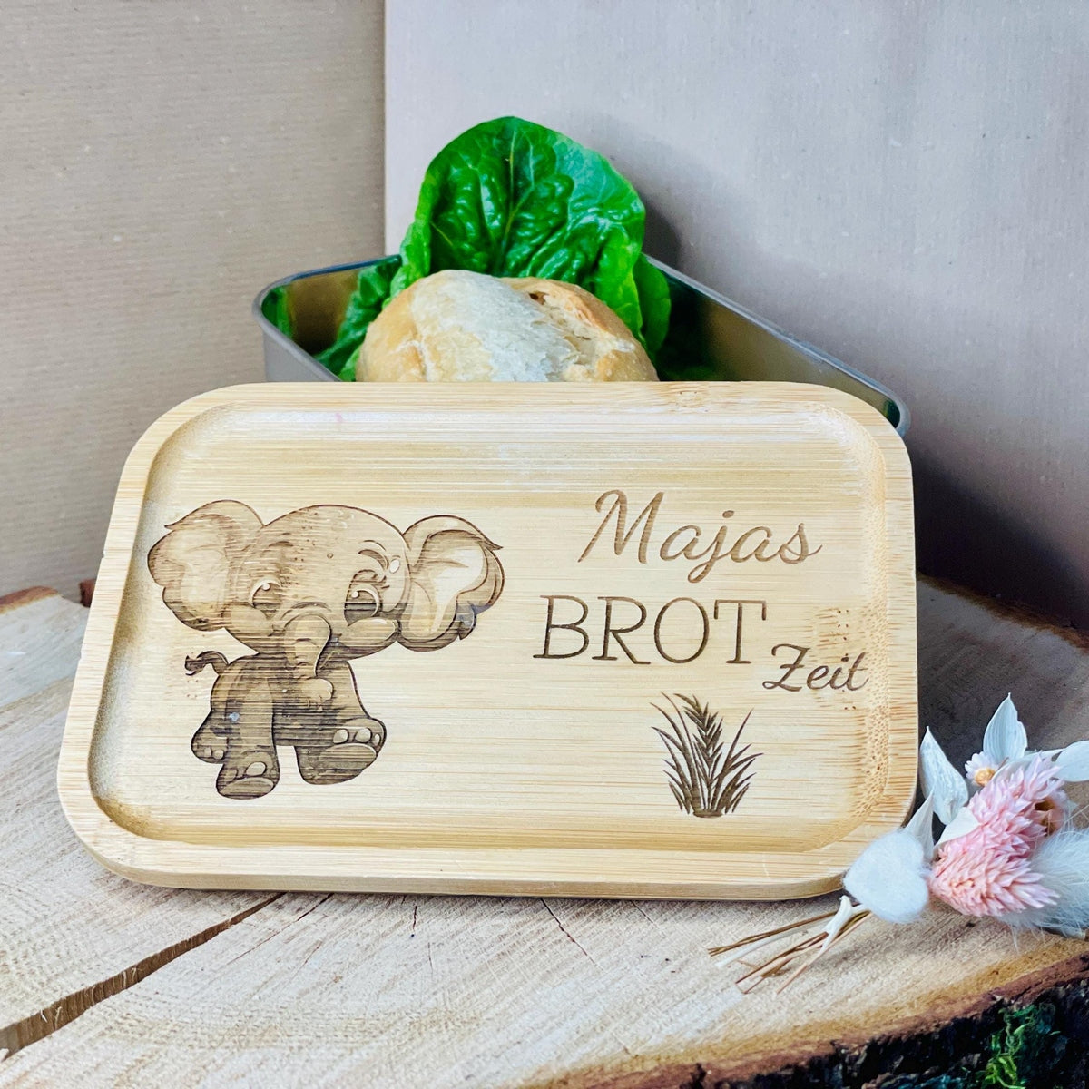 Bento-Box Brotdose mit individueller Gravur und Tiermotiv aus Edelstahl und Bambus Holz 750ml Dose Lunchbox Das Glückswerk