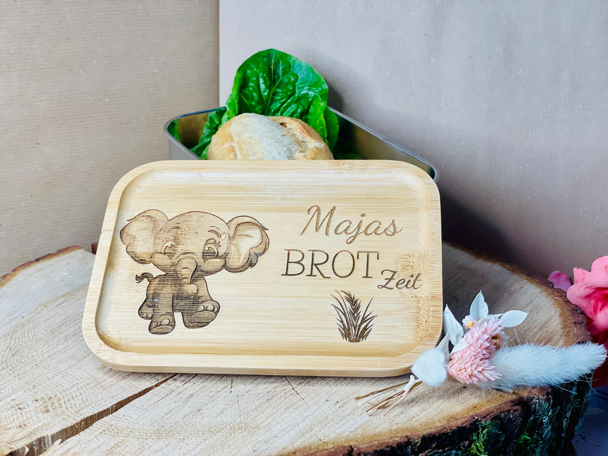 Bento-Box für Kinder mit Gravur, Tiermotiv, Edelstahl und Bambus, 750 ml Brotdose, DasGlueckswerk, Dekoration, Lunch Bags & Boxes, Bambus, Edelstahl
