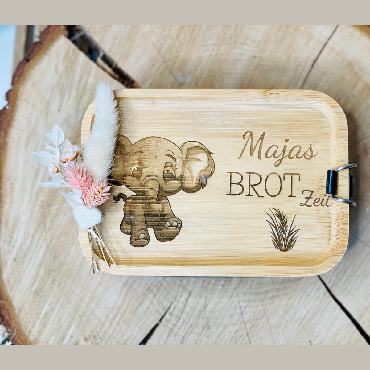 Bento-Box Brotdose mit individueller Gravur und Tiermotiv aus Edelstahl und Bambus Holz 750ml Dose Lunchbox Das Glückswerk