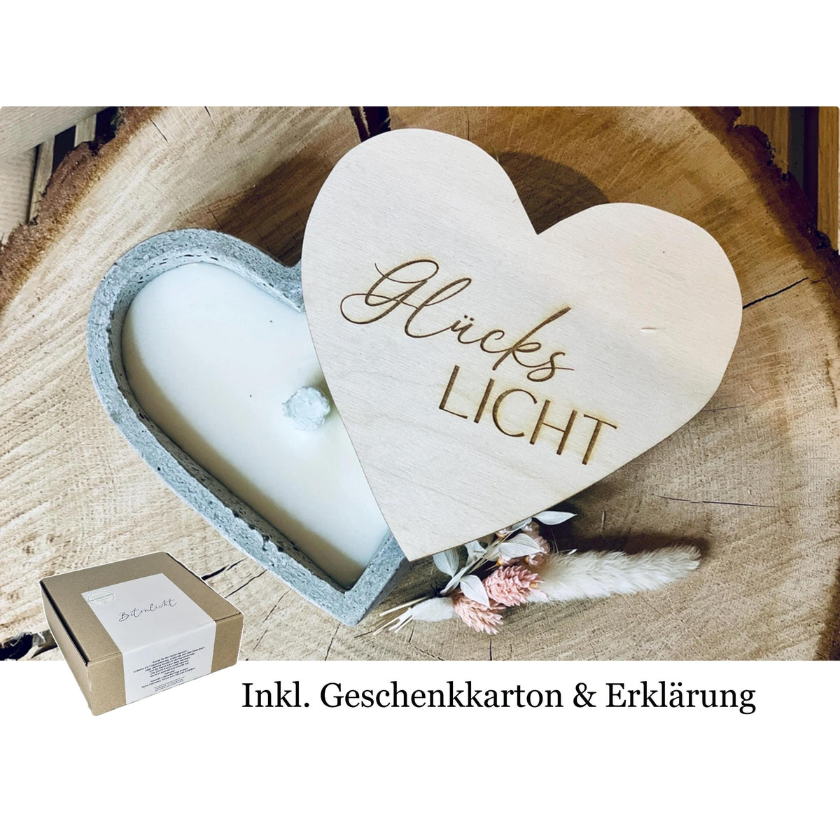 Glückslicht - schlichte edele handmade Kerze in Herz form zum verschenken Outdoor Garten Balkon Terassen Kerze/Indoor Kerze Betonkerze Das Glückswerk