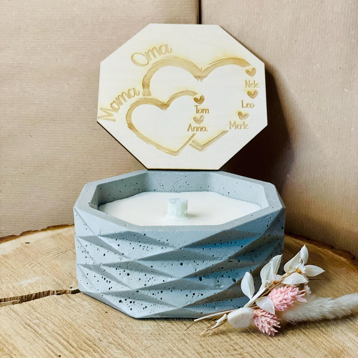 Betonkerze - herzliche schlichte edele Kerze zum verschenken zum Muttertag mit persönlicher GRavur der Kinder und Enkel, Outdoor-Kerze Betonkerze Das Glückswerk
