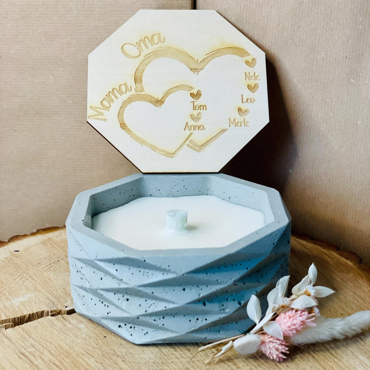 Betonkerze - herzliche schlichte edele Kerze zum verschenken zum Muttertag mit persönlicher GRavur der Kinder und Enkel, Outdoor-Kerze Betonkerze Das Glückswerk