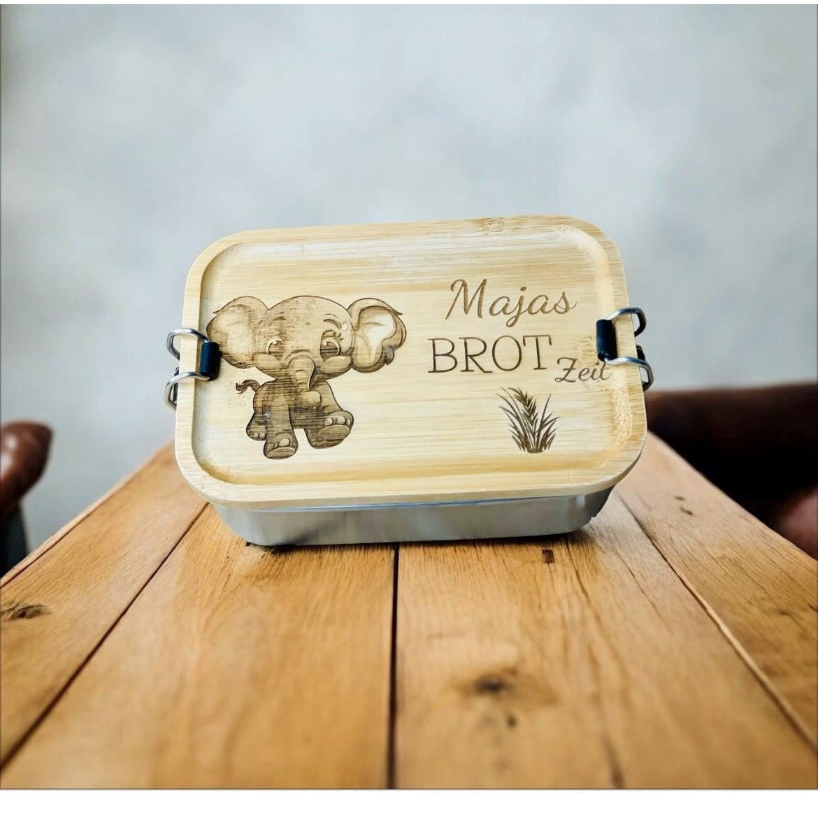 Bento-Box Brotdose mit individueller Gravur und Tiermotiv aus Edelstahl und Bambus Holz 750ml Dose Lunchbox Das Glückswerk