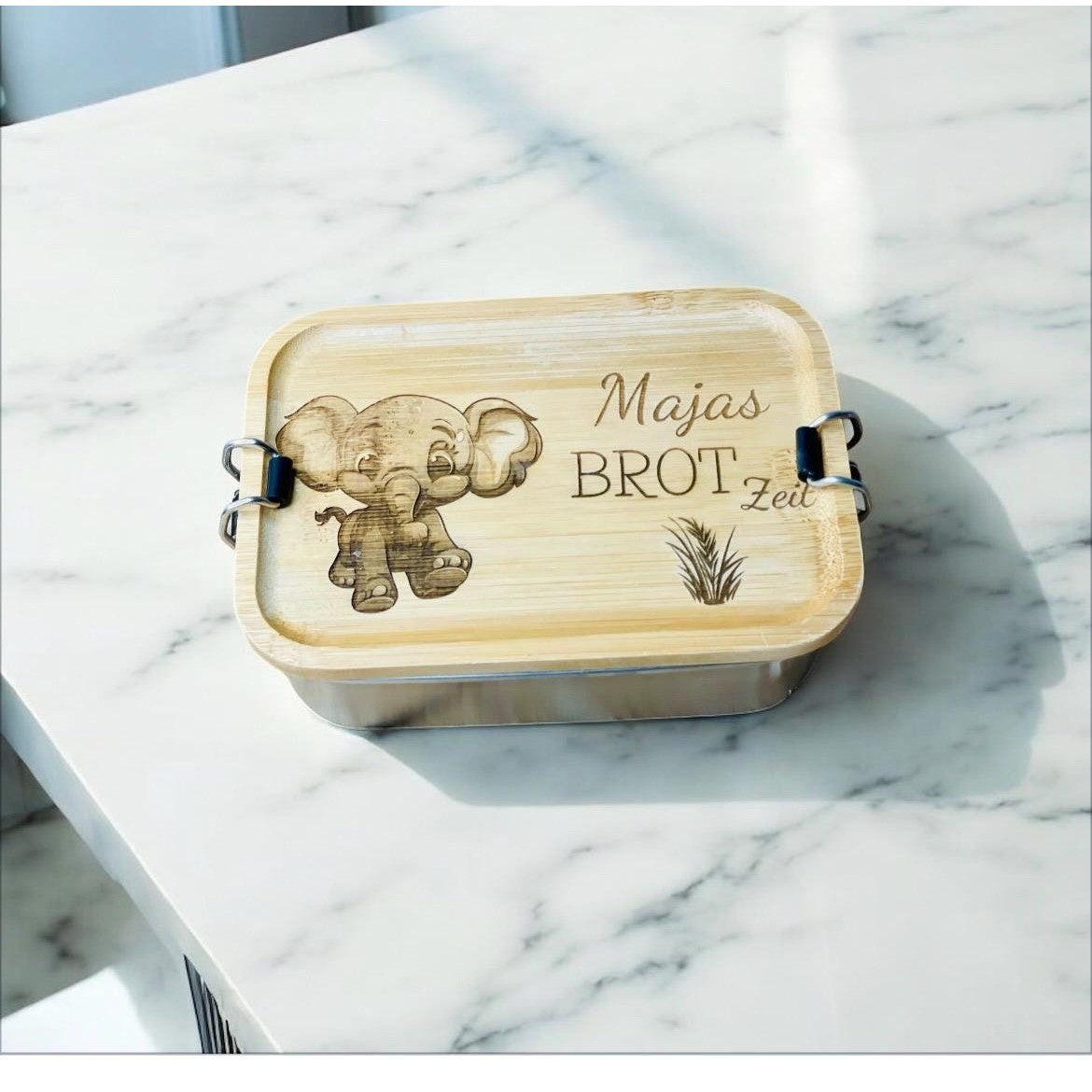 Bento-Box Brotdose mit individueller Gravur und Tiermotiv aus Edelstahl und Bambus Holz 750ml Dose Lunchbox Das Glückswerk