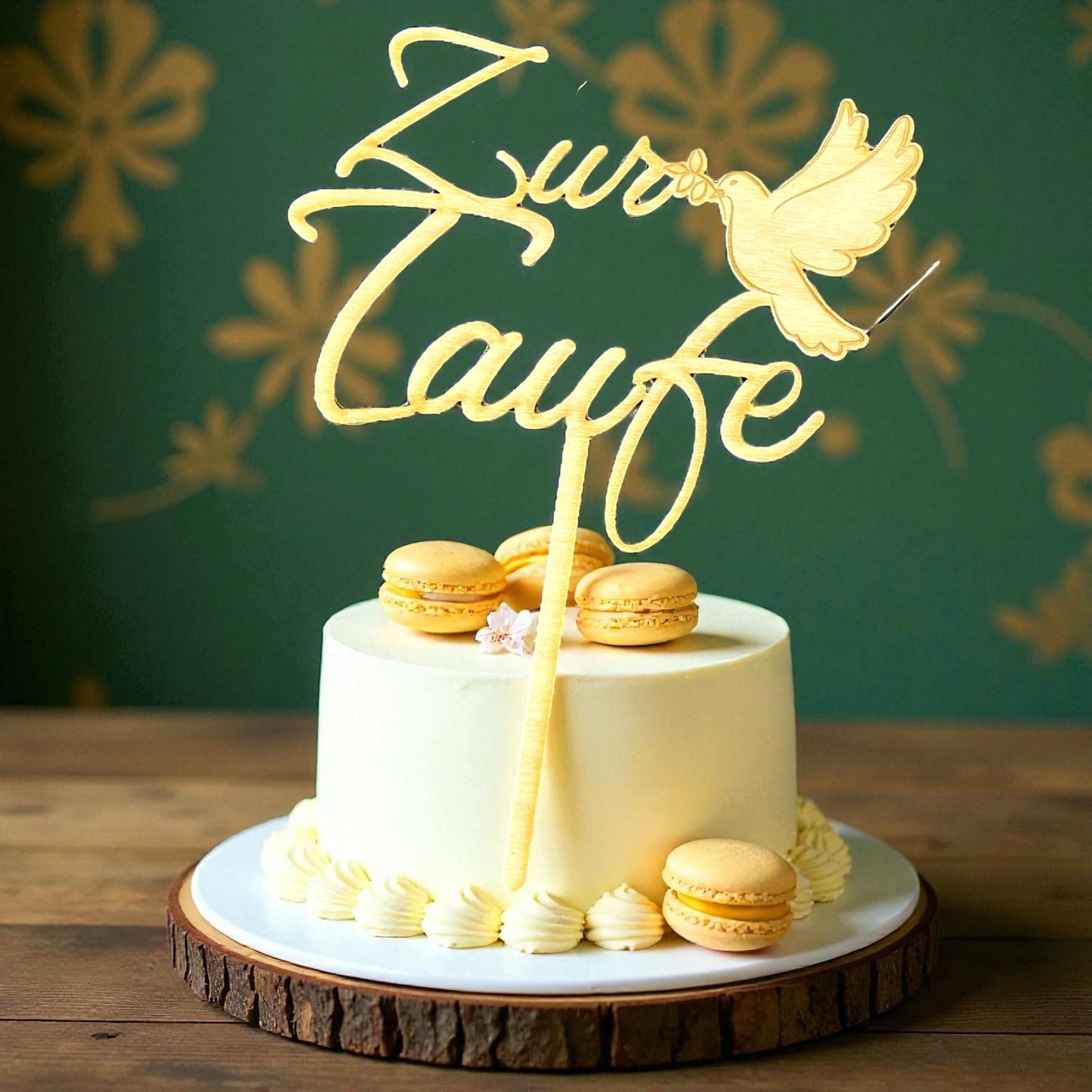 Cake Topper zur Taufe Holz mit Taube – personalisierbar mit Name & Datum – Tauftorte Deko Das Glückswerk