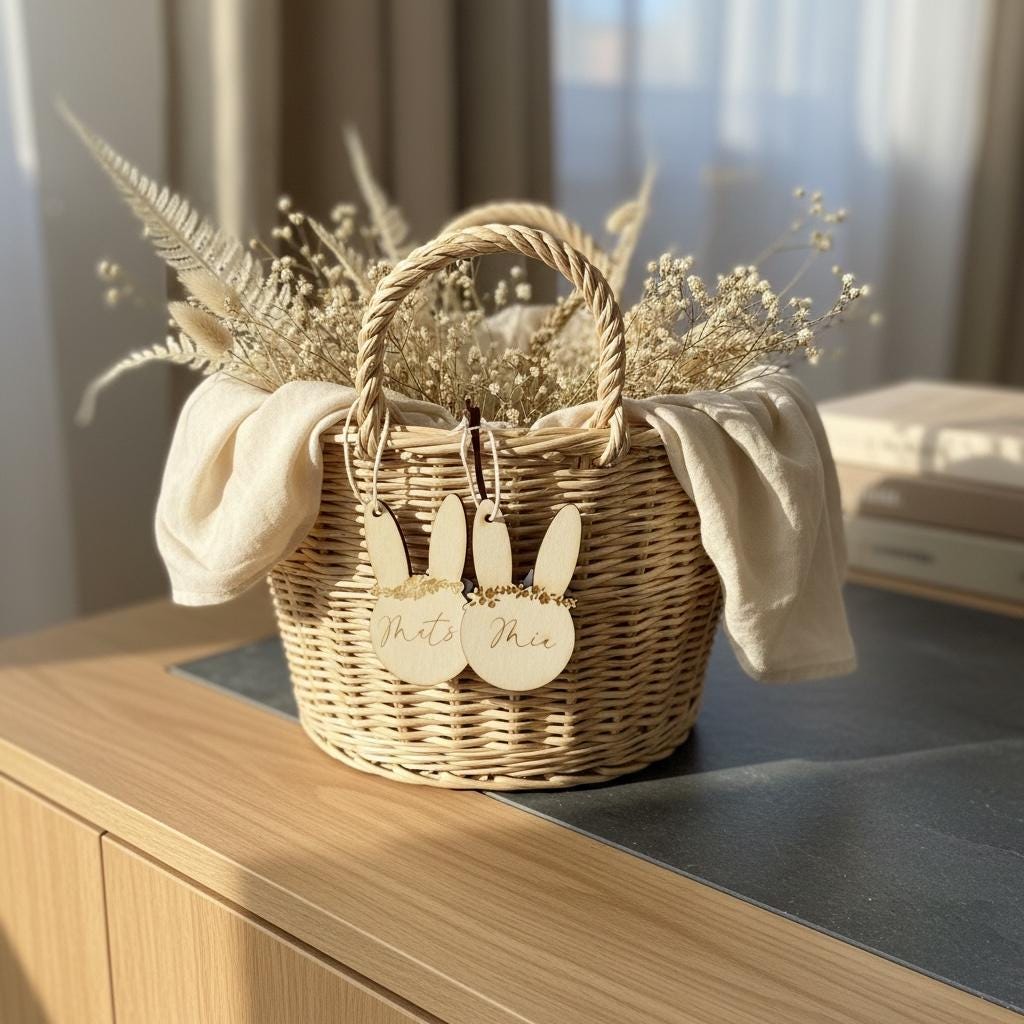 Personalisierter Holz-Hasenanhänger mit Blumenkranz & Namensgravur – 2 Varianten – Oster-Geschenk Das Glückswerk
