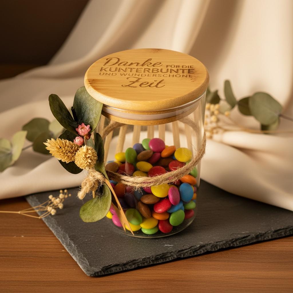 Abschiedsgeschenk Kita & Schule – Glas mit Bambusdeckel, Trockenblumen, Gravur „Danke für die wundervolle Zeit“ – Geschenk Idee Das Glückswerk