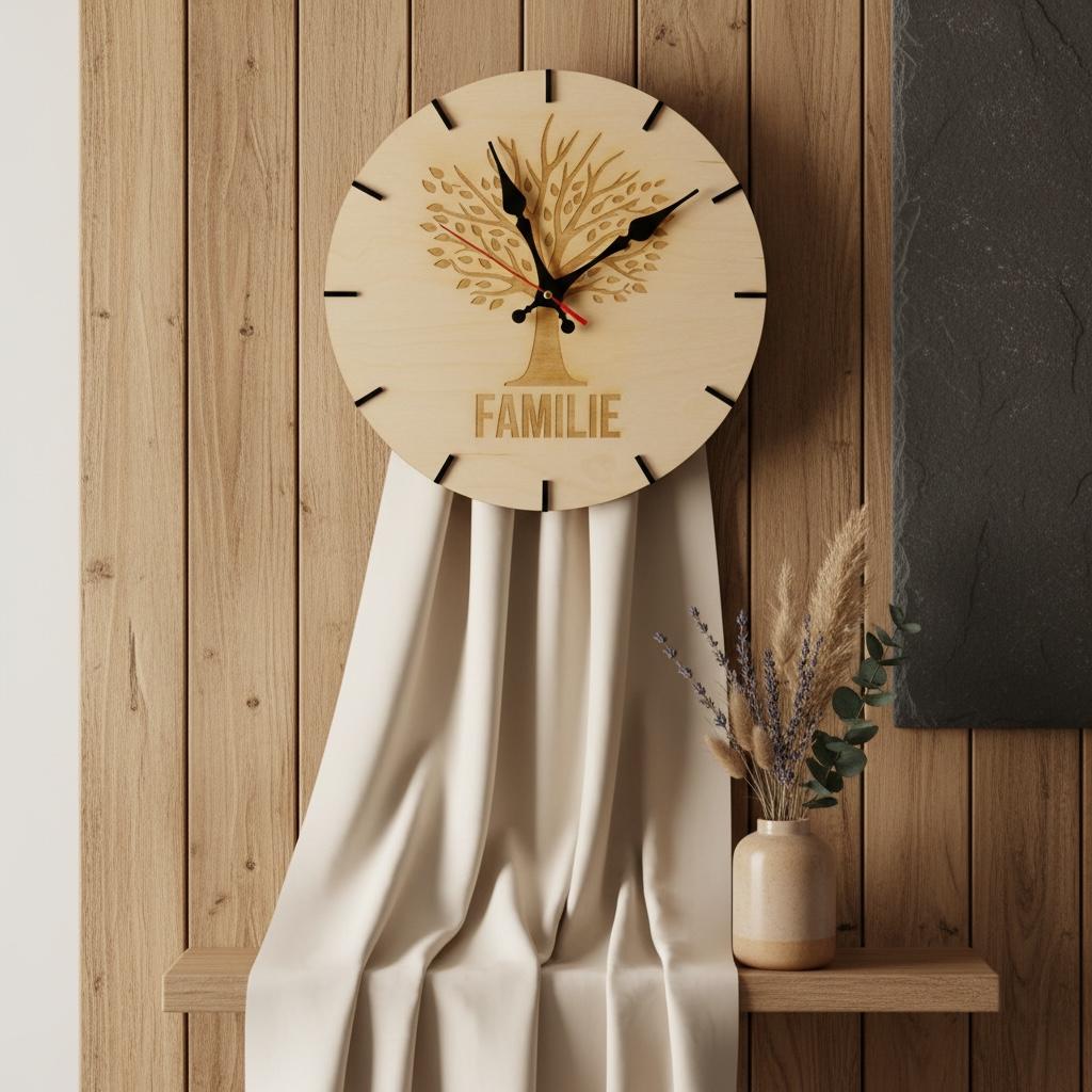 Wanduhr Familie aus Holz mit Baum-Motiv, Familienuhr Ø28 cm für Wohnzimmer – Detailansicht