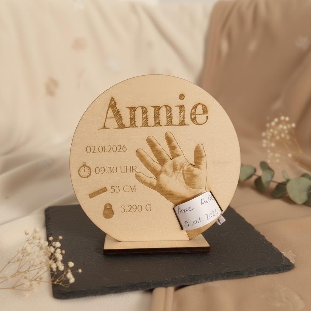 Geburtsarmband Halter Holz personalisiert – Geburtsdaten Baby Schild – Geburtsgeschenk Baby – Geburtsbandchen Erinnerung Babyzimmer Deko Das Glückswerk