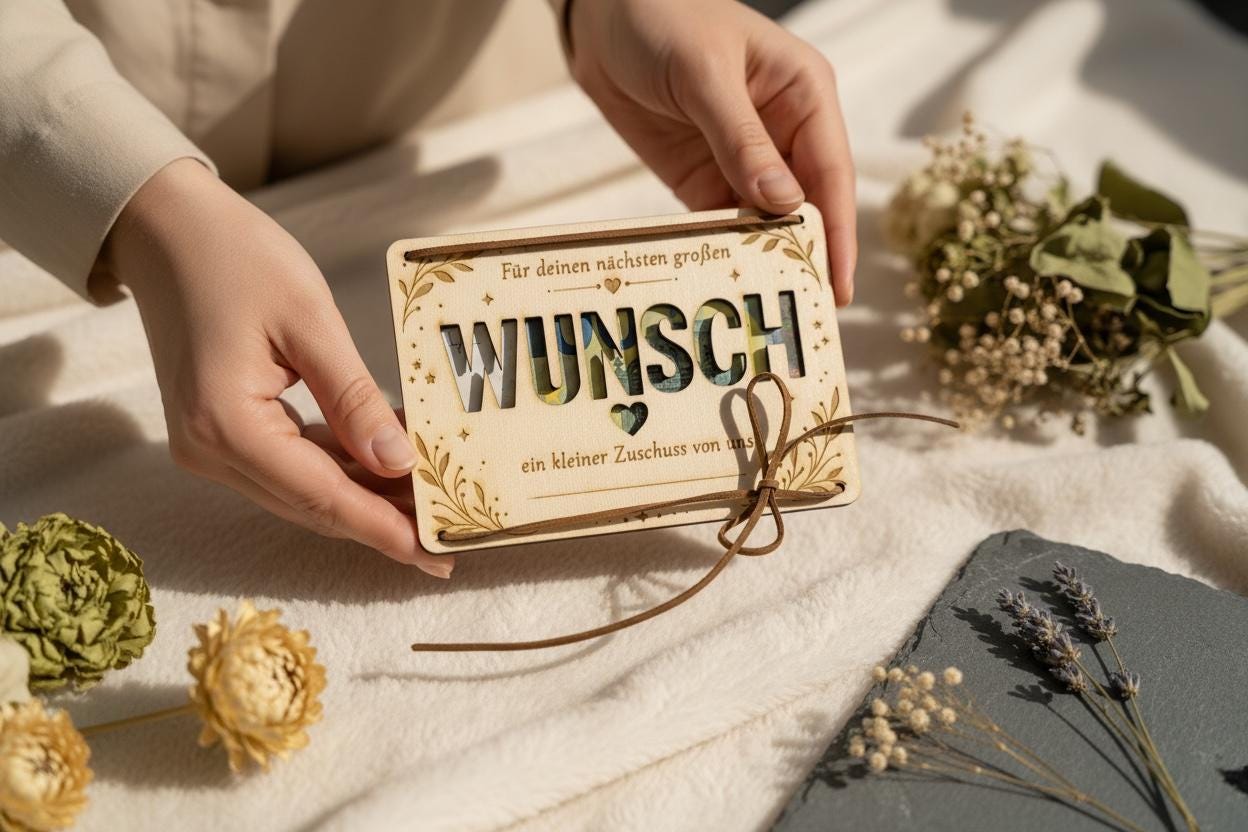 Geldgeschenk Karte aus Holz – „Großer Wunsch“ mit Sichtfenster & Lederband, DasGlueckswerk, Geburtstag, Greeting Cards, holz, leder