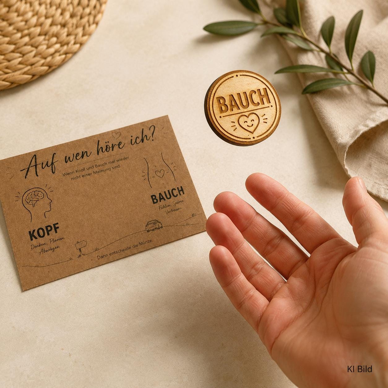 Entscheidungsmünze Bauch oder Kopf aus Holz – Geschenk bei schwierigen Entscheidungen und für Unentschlossene, DasGlueckswerk, Dekoration, Greeting Cards,