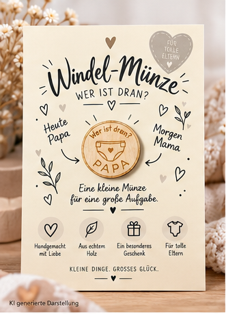Windelmünze 3,2 cm aus Holz – Entscheidungsmünze Mama oder Papa