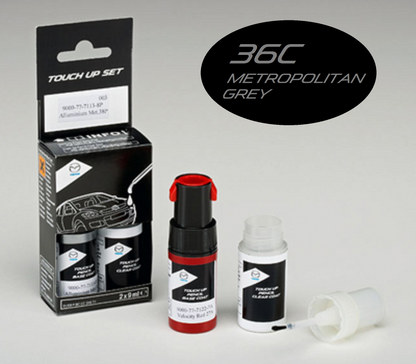 Mazda touch-up paint set with two 9ml bottles, color 36C Metropolitan Grey, black and white packaging. - Flothkötter Shop - Mazda Lackstift Set (2x9ml) Lackreparatur Zubehör - 38P	Aluminium Metallic