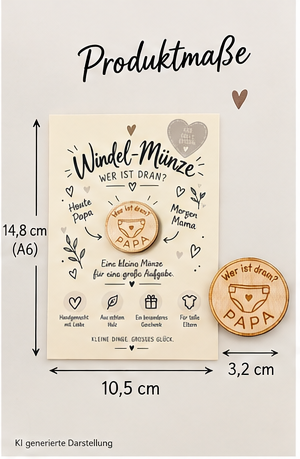 Geschenk zur Babyparty – Windelmünze aus Holz auf cremefarbener Karte