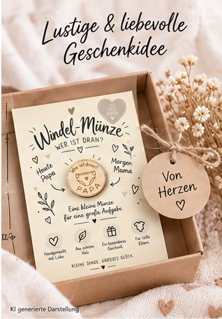 Windelmünze aus Holz mit Mama- und Papa-Seite und Windelmotiv