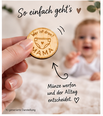 Windelmünze aus Holz als Geschenk zur Geburt für frischgebackene Eltern