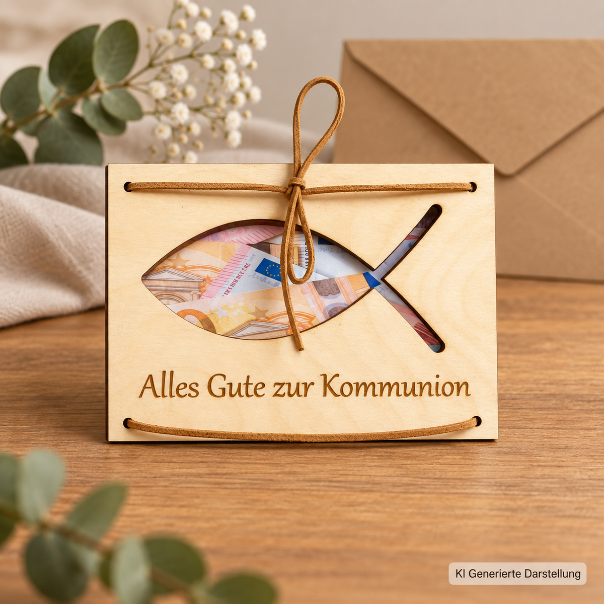 Geldgeschenk Karte zur Kommunion aus Holz, individualisiert mit Kunstlederband, Gravur Name Datum