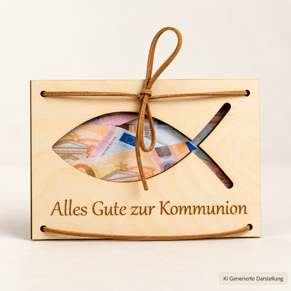 Geldgeschenk Karte zur Kommunion aus Holz, individualisiert mit Kunstlederband, Gravur Name Datum