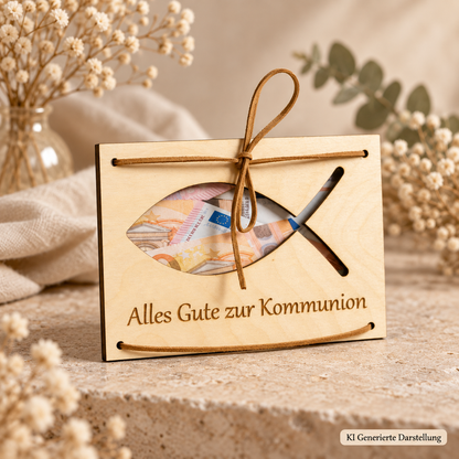 Geldgeschenk Karte zur Kommunion aus Holz, individualisiert mit Kunstlederband, Gravur Name Datum