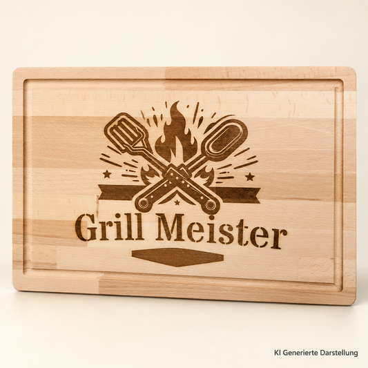 Grillmeister Schneidebrett graviert, Hartholz 26x40 cm, Geschenk für Papa zum Vatertag