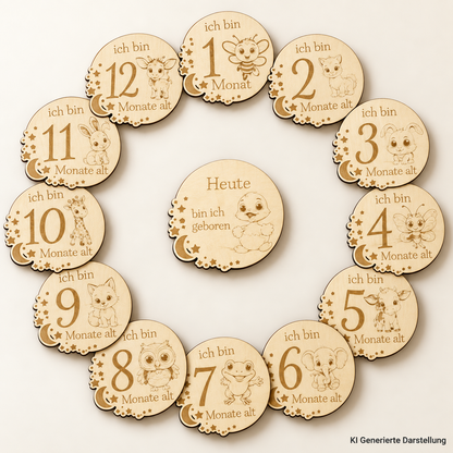 Meilensteinkarten Baby Holz Tiermotive, 13 Karten Monat 1 bis 12, Geschenk Geburt Babyparty
