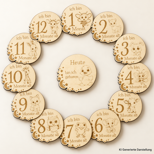 Meilensteinkarten Baby Holz Tiermotive, 13 Karten Monat 1 bis 12, Geschenk Geburt Babyparty