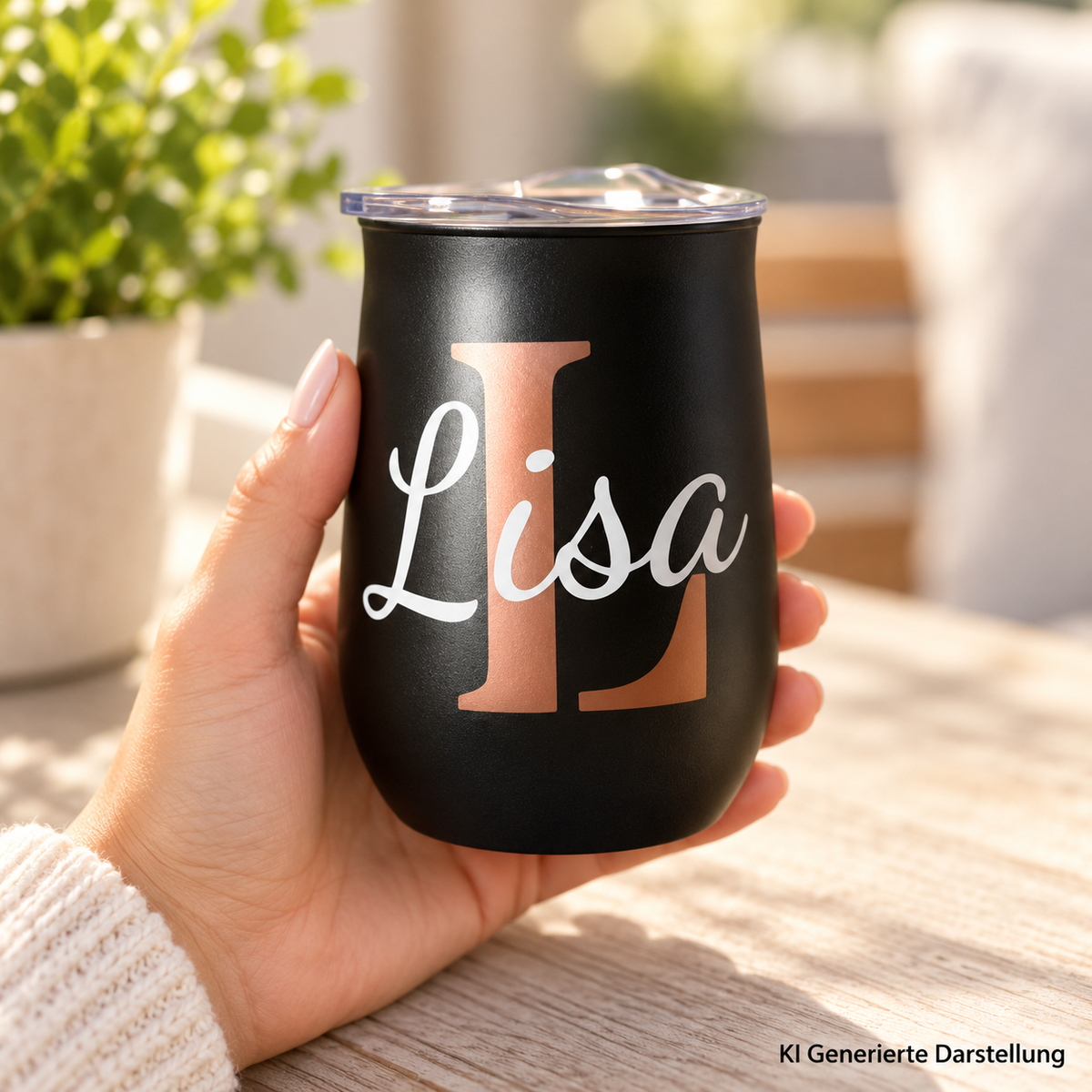 Weinbecher personalisiert mit Namen, Edelstahl schwarz oder grau, Geschenk für Freunde