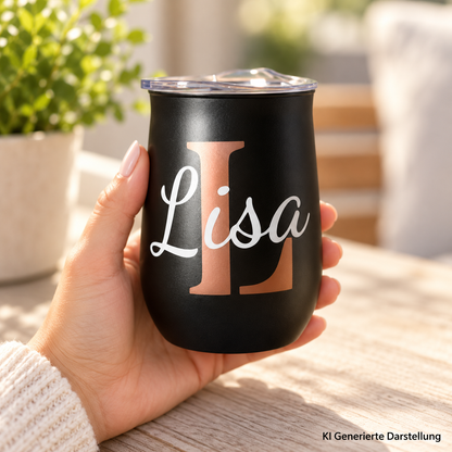 Weinbecher personalisiert mit Namen, Edelstahl schwarz oder grau, Geschenk für Freunde