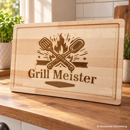 Grillmeister Schneidebrett graviert, Hartholz 26x40 cm, Geschenk für Papa zum Vatertag