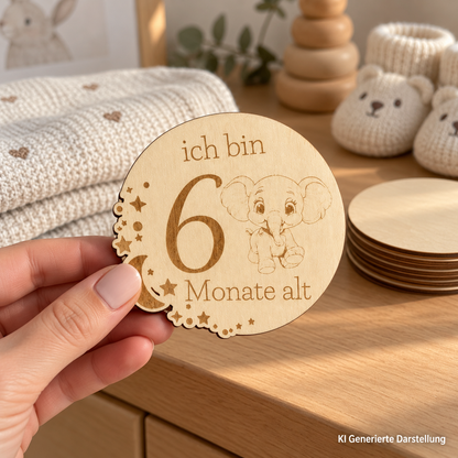 Meilensteinkarten Baby Holz Tiermotive, 13 Karten Monat 1 bis 12, Geschenk Geburt Babyparty