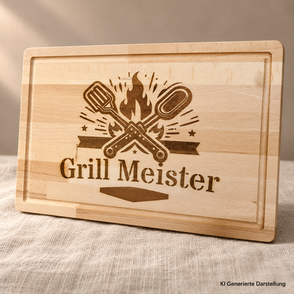 Grillmeister Schneidebrett graviert, Hartholz 26x40 cm, Geschenk für Papa zum Vatertag