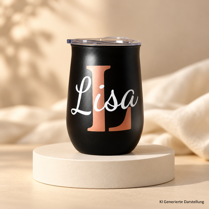 Weinbecher personalisiert mit Namen, Edelstahl schwarz oder grau, Geschenk für Freunde