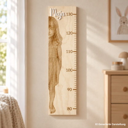 Kinder Messlatte Holz Foto, personalisiert 80-130 cm, Deko zur Geburt Taufe