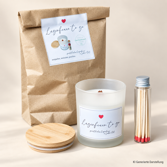 Lagerfeuer to go Kerze, handgegossen aus Milchglas und Sojawachs, Geschenkset mit Streichhölzern
