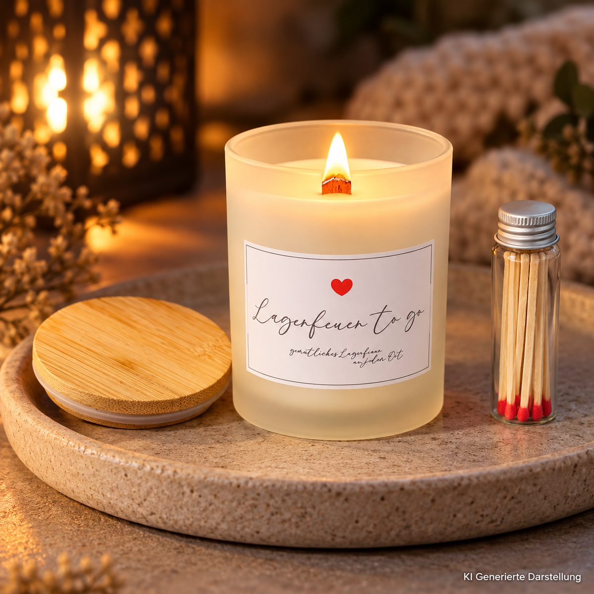 Lagerfeuer to go Kerze, handgegossen aus Milchglas und Sojawachs, Geschenkset mit Streichhölzern