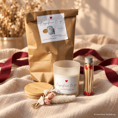 Lagerfeuer to go Kerze, handgegossen aus Milchglas und Sojawachs, Geschenkset mit Streichhölzern