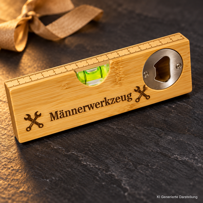 Wasserwaage Holz mit Flaschenöffner, Zentimetermaß, Geschenk für Papa und Heimwerker