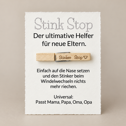 Stink Stop Wäscheklammer weiß, humorvolles Geschenk zur Geburt, Windelwechsel Gag für Eltern