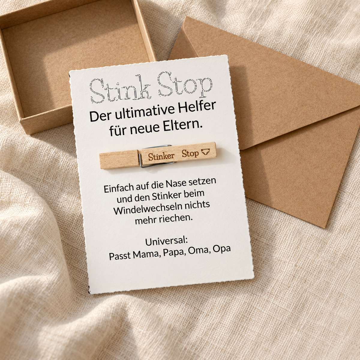 Stink Stop Wäscheklammer weiß, humorvolles Geschenk zur Geburt, Windelwechsel Gag für Eltern