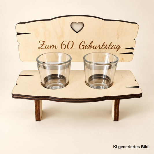 Holzbank Geburtstag Wunschalter, Gravur wählbar 18 bis 80 Jahre, mit Schnapsgläsern