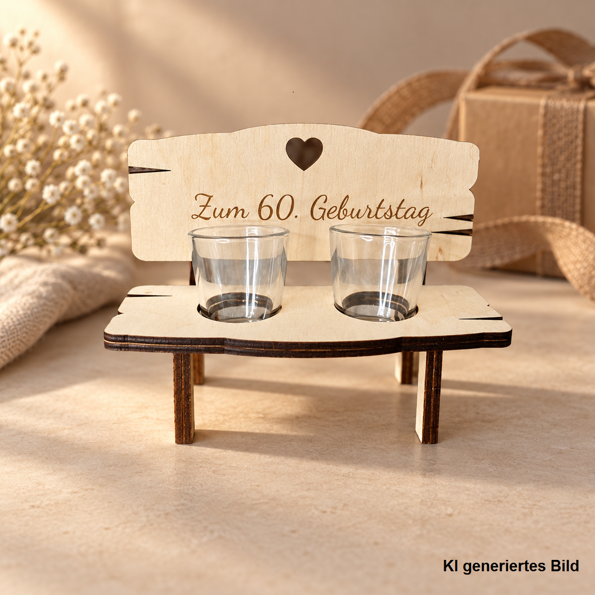 Holzbank Geburtstag Wunschalter, Gravur wählbar 18 bis 80 Jahre, mit Schnapsgläsern