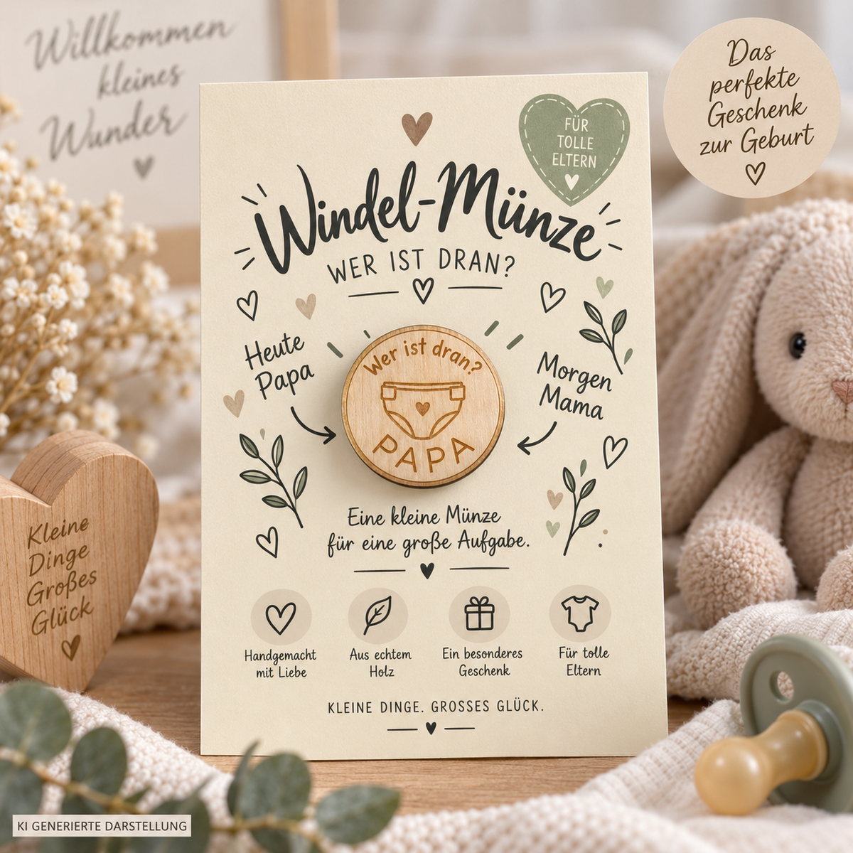 Windelmünze 2.0 aus Holz mit cremefarbener A6-Geschenkkarte für Mama und Papa