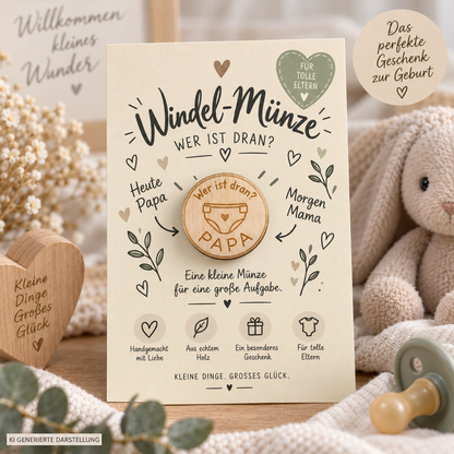 Windelmünze 2.0 aus Holz mit cremefarbener A6-Geschenkkarte für Mama und Papa