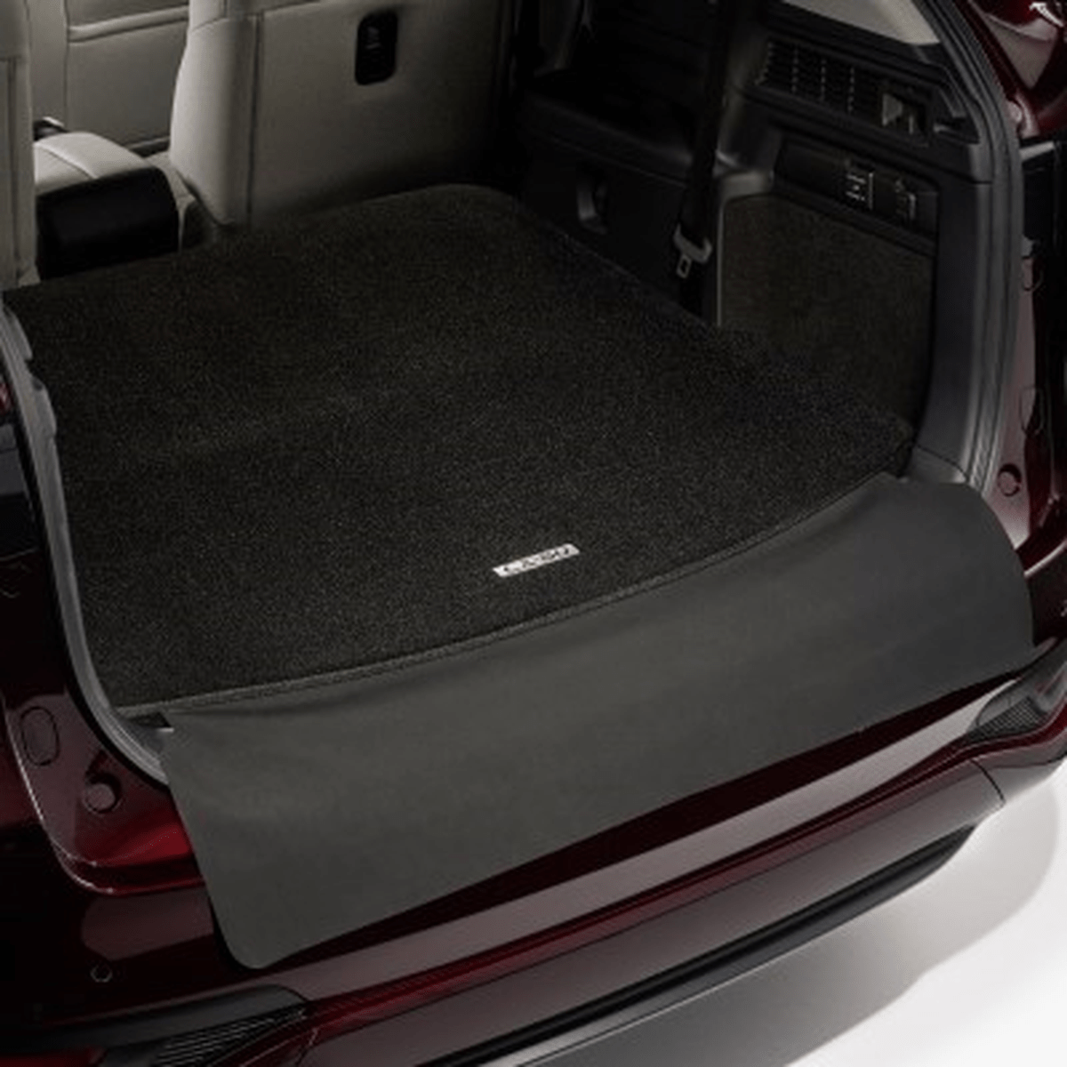 Mazda CX-80 KL Kofferraummatte Sicherheit & Schutz Mazda Kofferraummatte mit Ladekantenschutz hochgeklappte 3. sitzreige