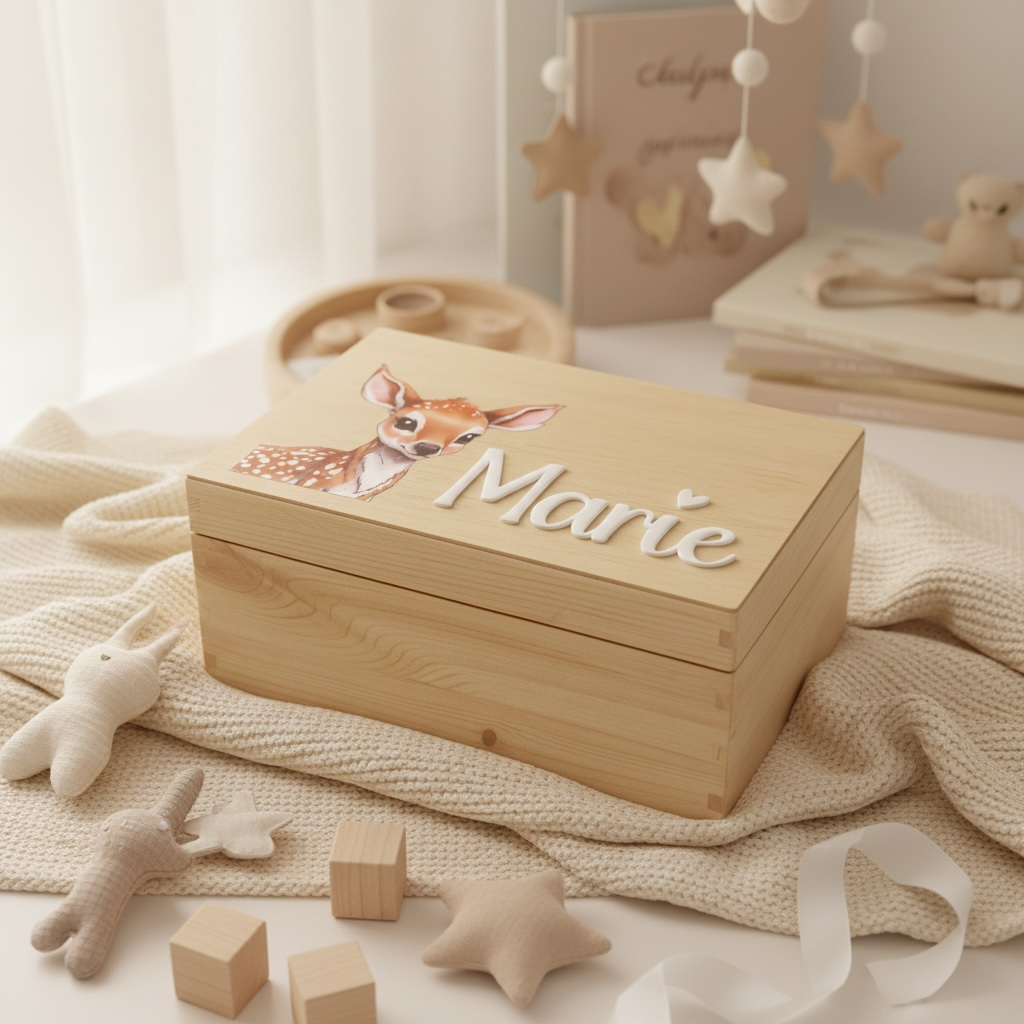 Personalisierte Holzkiste mit Rehkiz | Erinnerungskiste für Kinder | Namensschild aus Acrylglas | Geschenk zur Geburt & Taufe Das Glückswerk